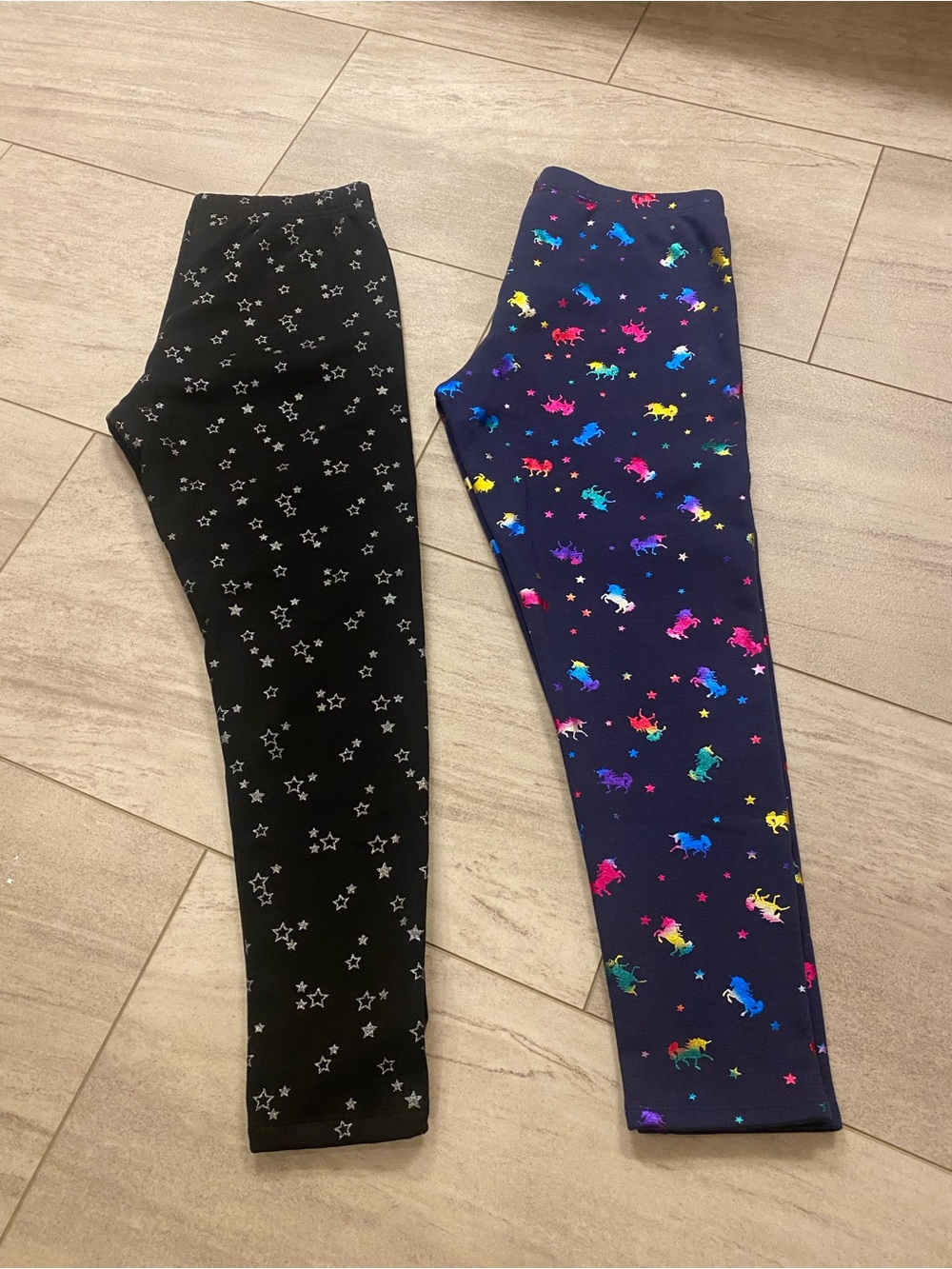 Lands' End Girls' Black Star Print & Navy Rainbow Unicorn Leggings - 2 Pack XL